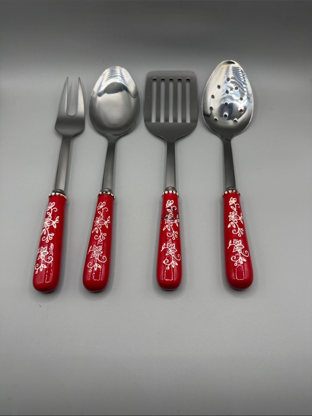 Temptations Red Floral Handle Ceramic 4-Piece Kitchen Serving Set